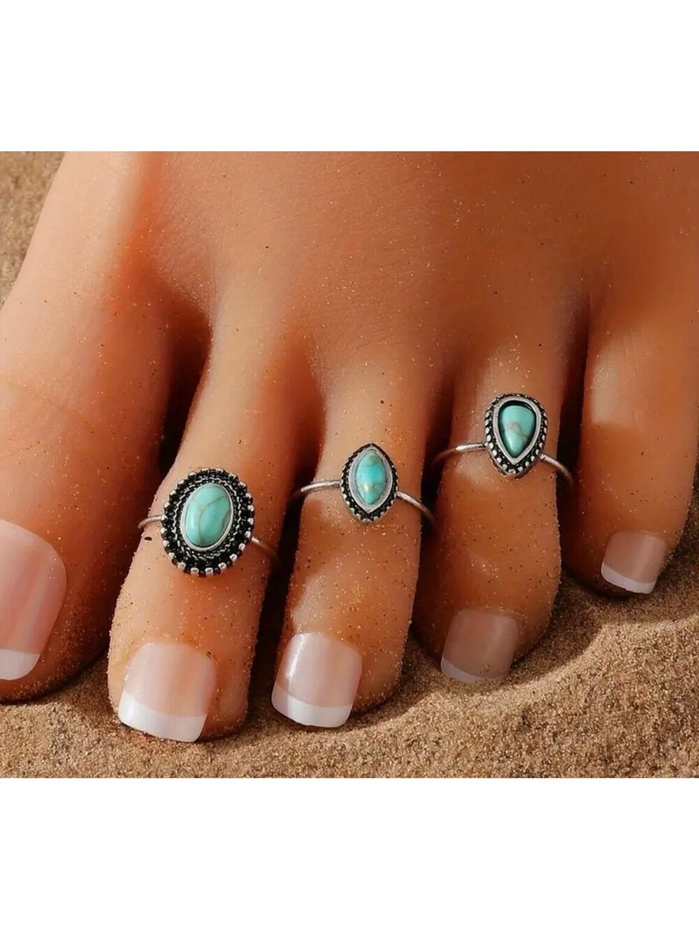 New - 3pcs Set - Vintage Boho Style - Toe Rings with Inlaid Natural Stones